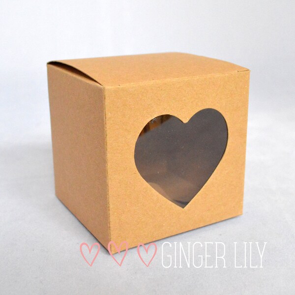 Rustic Brown Kraft Heart Window DIY Wedding Favour Box - Pack of 50 - 5cm Cube