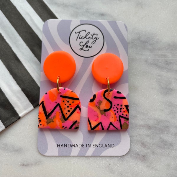 Orange and pink vibrant abstract chunky earrings