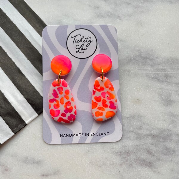 Orange and pink ombre leopard pebble earrings