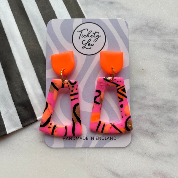 Orange and pink abstract geo hoop earrings