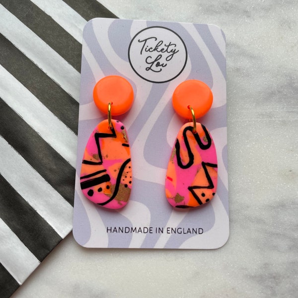 Orange and pink abstract pebble earrings