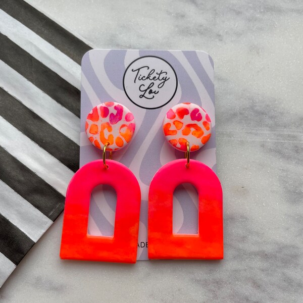 Orange and pink ombre and leopard arch hoop earrings