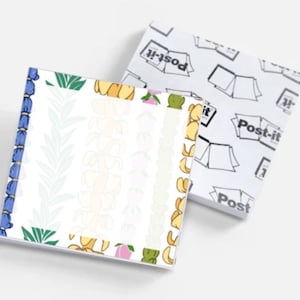 May include: Two packs of Post-it Notes. One pack has a floral design with blue, yellow, green, and pink flowers. The other pack has a repeating pattern of Post-it Notes.