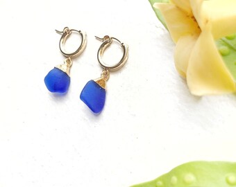 18k Gold Dipped Hawaii Cobalt Blue Seaglass Huggie Earrings