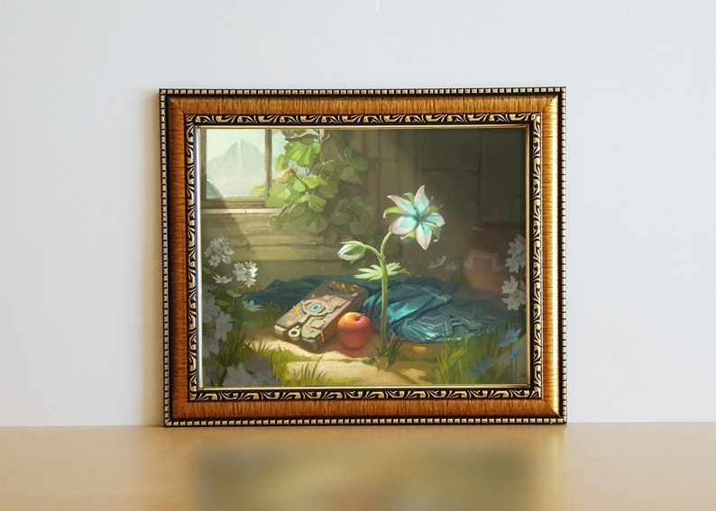 May include: A framed illustration of a blue flower with a golden book and a red apple on a green and brown background.