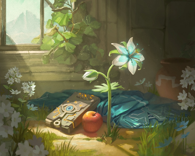 May include: A white flower with blue accents sits on a blue cloth with a stone tablet and a red apple. The scene is set in a room with a window and a stone wall.