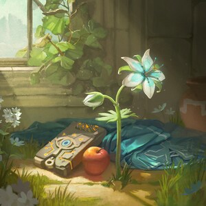 May include: A blue flower with a white centre sits on a bed of green grass and white flowers. A blue cloth and a golden object with a blue eye design are also on the ground. A red apple sits next to the golden object.