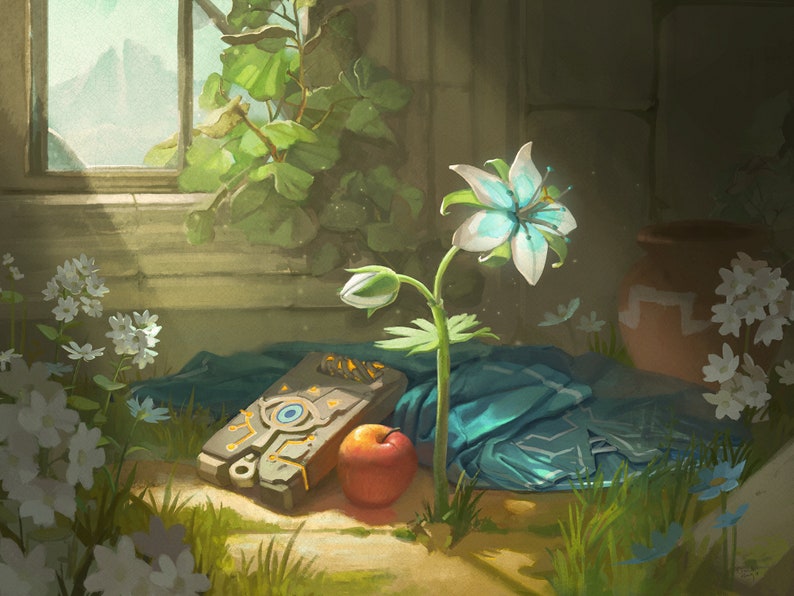 May include: A blue flower with a white centre sits on a bed of green grass and white flowers. A blue cloth and a golden object with a blue eye design are also on the ground. A red apple sits next to the golden object.