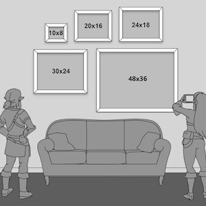 May include: A living room with a grey sofa and four framed pictures on the wall. The pictures are labelled with their dimensions: 10x8, 20x16, 24x18, and 30x24. The largest picture is 48x36.