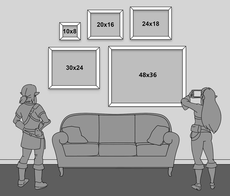 May include: A living room with a grey sofa and four framed pictures on the wall. The pictures are labelled with their dimensions: 10x8, 20x16, 24x18, and 30x24. The largest picture is 48x36.