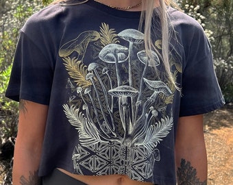 Mycelial Bloom Crop Shirt / Psychedelic Mushroom T-shirt / Sacred Geometry Yoga Crop Top