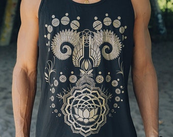 Lotus World Men's Tank Top / Gold Print Sacred Geometry Clothing / Sleeveless Festival + Streetwear