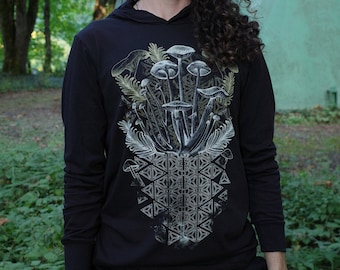 Mycelial Bloom Long Sleeve Hoodie / Sacred Geometry Mushroom shirt / Yoga + Festival Clothing