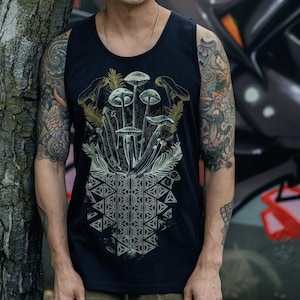 Mouwloos shirt Mycelial Bloom / tanktop paddenstoel met heilige geometrie / yoga- en festivalkleding