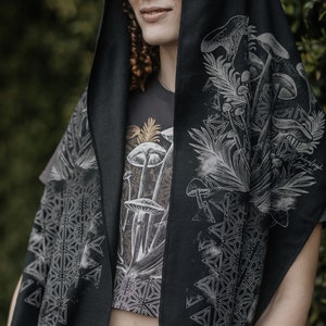Mycelial Bloom Scarf / 14" Wide Sacred Geometry Mushroom Pashmina / Psychedelic Festival + Yoga Shawl