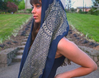 Gold Mandala Medallion Infinity Scarf / Sacred Geometry Festival Hood