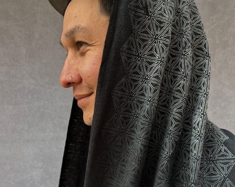 Fade to Black Unisex Infinity Scarf / Sacred Geometry Festival Clothing / Hemp + Organic Cotton Hood