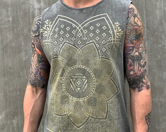 Superbloom Men's Sleeveless Shirt / Stonewash Olive Green / Gold Sacred Geometry Tank Top / Festival + Streetwear