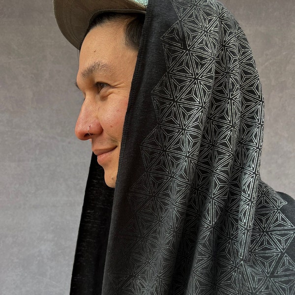 Fade to Black Unisex Infinity Scarf / Sacred Geometry Festival Clothing / Hemp + Organic Cotton Hood