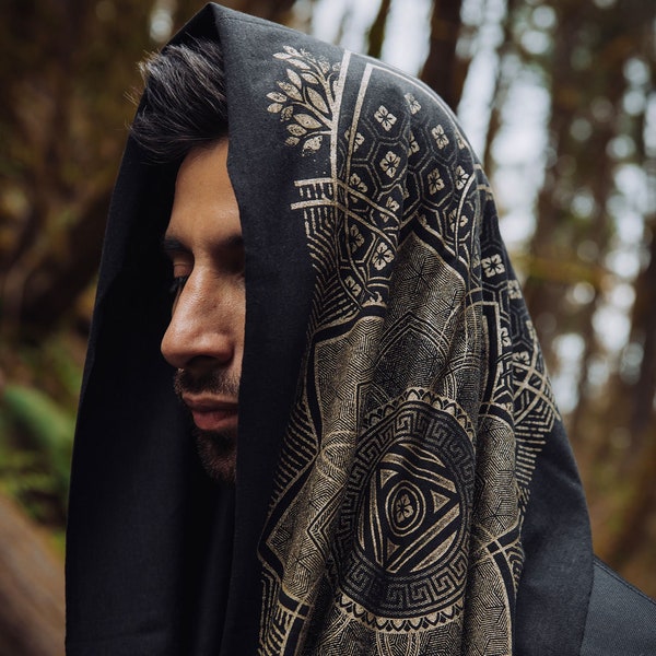 Superbloom Infinity Scarf / Sacred Geometry Festival Clothing / Bamboo + Organic Cotton Hood