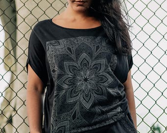 Floral Sacred Geometry Off Shoulder Top /Vitality Volume II Bamboo Poncho / Screen Print Organic Cotton Shirt