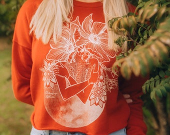 Chelsea Leigh Remix Crop Sweatshirt / Soft Cozy Fleece Pullover / Red Orange Autumn Floral Moon Design