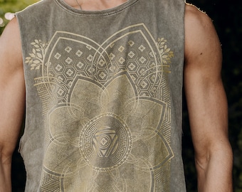 Superbloom Men's Sleeveless Shirt / Stonewash Olive Green / Gold Sacred Geometry Tank Top / Festival + Streetwear