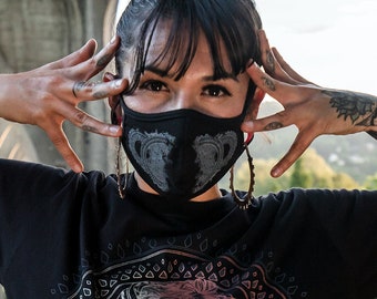 Organic Cotton Face Mask / Black and Grey Medallion Mask / Festival + Streetwear Sacred Geometry Clothing