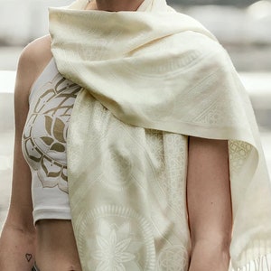White on White Eternal Series Pashmina / Sacred Geometry Festival Clothing / Bamboo + Organic Cotton Hood