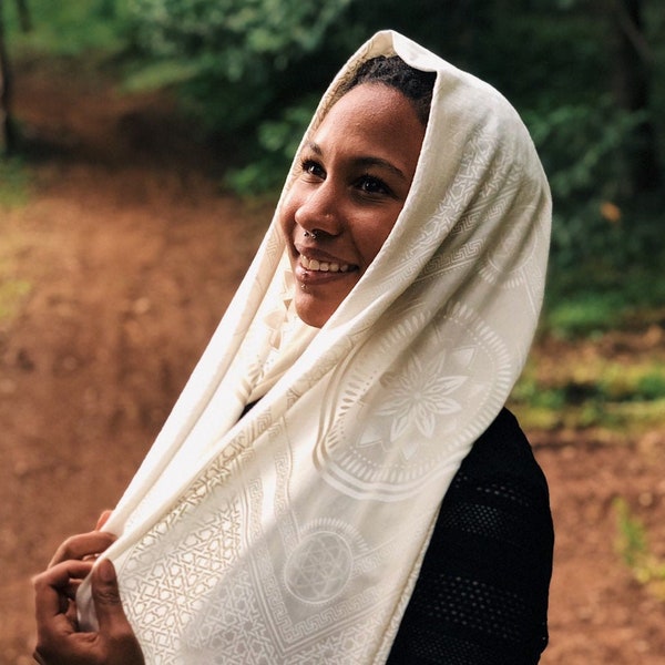 White on White Eternal Series Infinity Scarf or Pashmina / Sacred Geometry Festival Clothing / Bamboo + Organic Cotton Hood