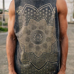 Superbloom Men&#39;s Sleeveless Shirt / Stonewashed Sacred Geometry Tank Top / Men&#39;s Yoga Festival Streetwear