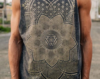 Camiseta sin mangas Superbloom para hombre / Camiseta sin mangas Stonewashed Sacred Geometry / Ropa urbana para festivales de yoga para hombre