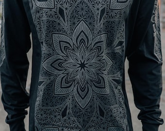 Black on Black Sacred Geometry Long Sleeve / Vitality Volume II Men's Shirt / Screen Printed Festival + Streetwear