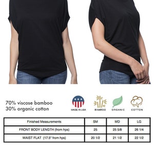 May include: Black short-sleeve top made of 70% viscose bamboo and 30% organic cotton. The top has a boat neck and a relaxed fit. Finished measurements are provided for sizes SM, MD, and LG. Made in the USA.