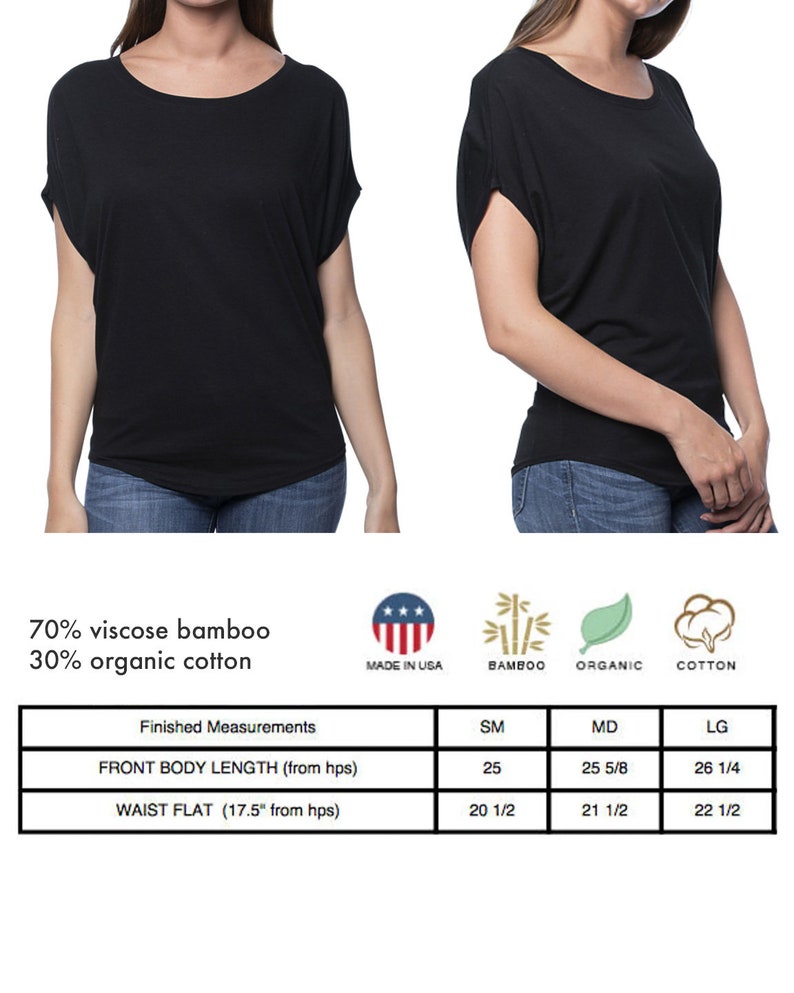 May include: Black short-sleeve top made of 70% viscose bamboo and 30% organic cotton. The top has a boat neck and a relaxed fit. Finished measurements are provided for sizes SM, MD, and LG. Made in the USA.