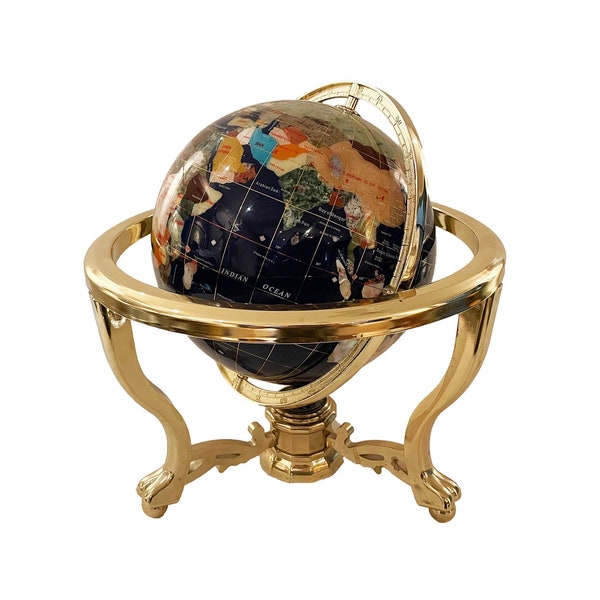 Vintage Large Lapis Globe With Gemstones In Gold Frame - Lapis Globe With Stand - Vintage Lapis Globe - Vintage Gemstone Globe - Gem Globe