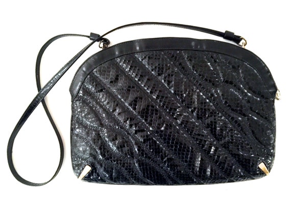 Vintage Black Snakeskin Purse - Vintage Black Gol… - image 2