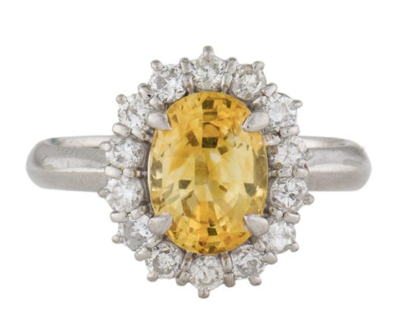 Vintage Yellow Sapphire Platinum Diamond Ring - Edwardian Yellow Sapphire Diamond Platinum Ring - Vintage Sapphire Platinum Halo Ring
