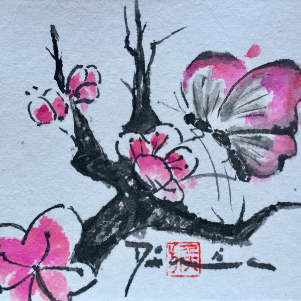 ORIGINAL „Pflaumenblüte mit Schmetterling“ - Japanische Tuschezeichnung Sumi e