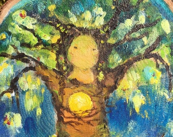 Original Baum-Göttin auf Holzscheibe Durchmesser ca. 10 cm - Waldorf - Engel - Holz - handgemalt