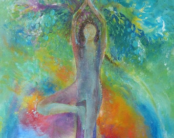 Yoga Tree-Woman" 30 x 45 cm Leinwanddruck Yoga Chakren Baum Buddha Frau Om Kundalini Vrikshasana