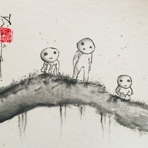 ORIGINAL &quot;Kodamas on an old Branch&quot; Sumi e Painting