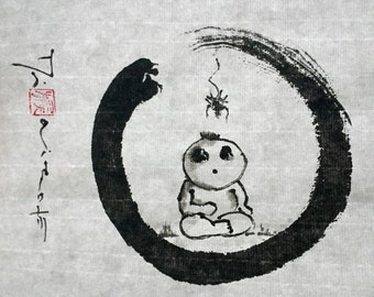 ORIGINAL „Kodama mit Spinne“ Japanische Tuschemalerei Sumi e