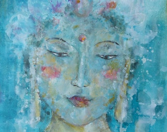 Kwan Yin  "Göttin des Glücks"  30 x 30 cm  Leinwanddruck Göttin Blau Portrait Buddha Asien