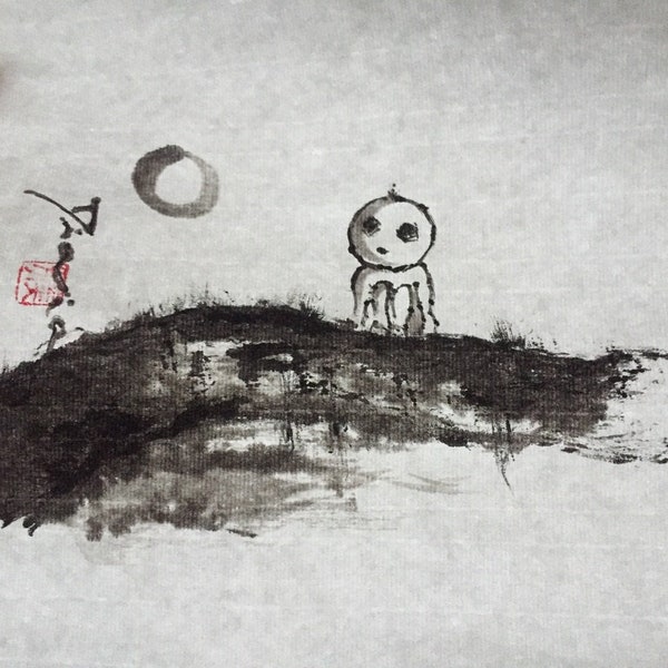 ORIGINAL „Kodama auf Baumwurzel“ Japanische Tuschemalerei Sumi e