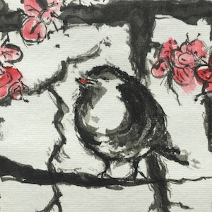 ORIGINAL „Rotkehlchen auf Pflaumenblüte“ Japanische Tuschezeichnung Sumi e