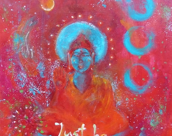 Buddha Druck "Just be" 30 x 30 cm  Buddha Rot Zen Leinwanddruck Meditation