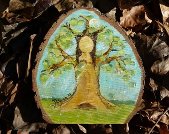 Original Baum-Göttin auf Holzscheibe Durchmesser ca. 15 cm - Waldorf - Engel - Holz - handgemalt