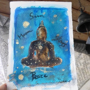 ORIGINALE "Sole e Luna e Stelle e Buddha della Pace" Din A5 14,6 x 21 cm Buddha su carta fatta a mano Om Asia Zen