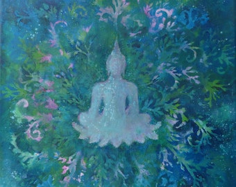 Buddha Druck "Awakening" 30 x 30 cm  Buddha Zen Blau Blumen Mandala Leinwanddruck